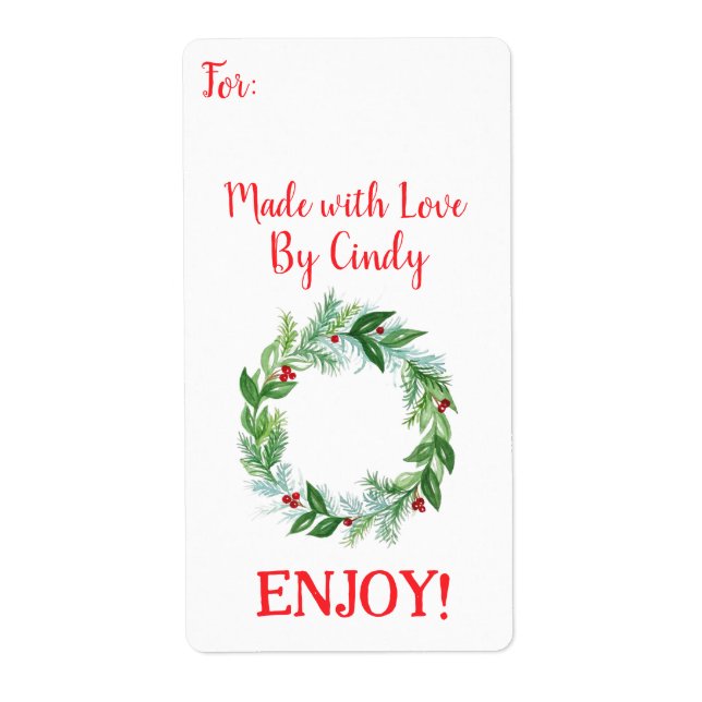 Étiquette Couronne de Noël à l'aquarelle FAITE AVEC AMOUR (Devant)