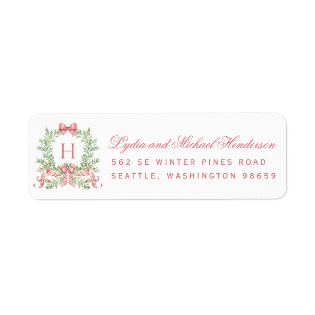 Étiquette Couronne de Noël Adresse de Retour Script Rouge (Devant)