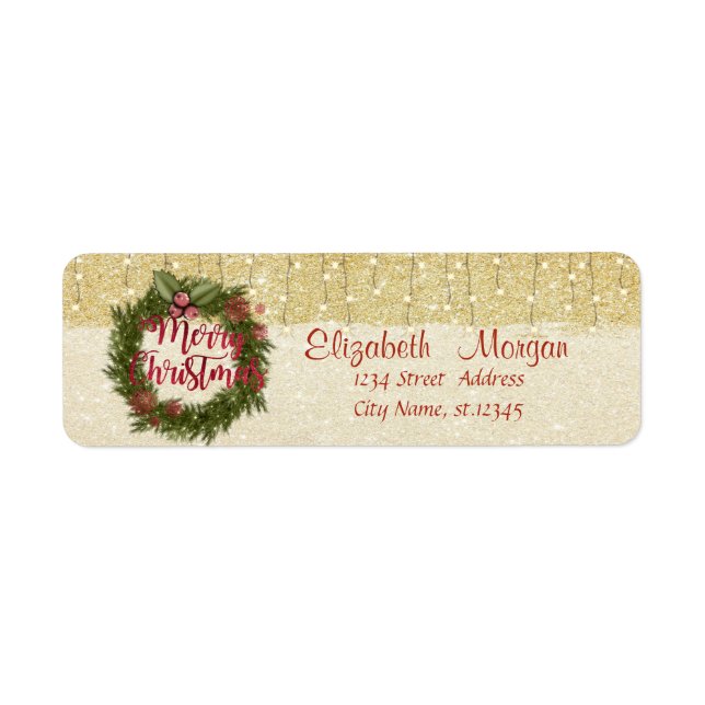 Étiquette Couronne de Noël élégante, paillettes dorées (Devant)