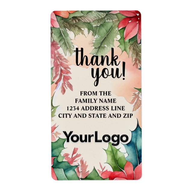 Étiquette Couronne de Noël en forme de sapin avec poinsettia (Devant)