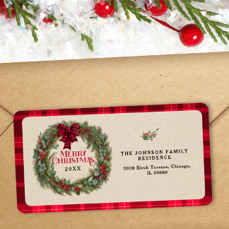 Étiquette Couronne de Noël rustique de ferme à carreaux roug