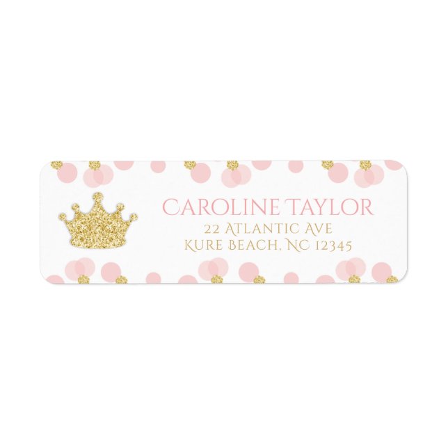 Étiquette Couronne de Princesse Rose Paillettes Dorées Adres (Devant)