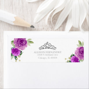 Étiquette Couronne de Quinceanera Argent Violet Floral Label