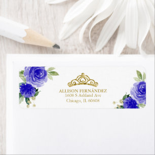 Étiquette Couronne de Quinceanera Or Royale Fleur Bleu