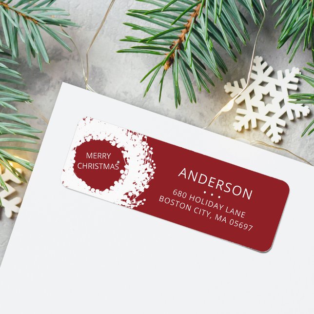 Étiquette Couronne de vacances moderne avec adresse de retou (Modern Holiday Wreath Return Address Red Label)