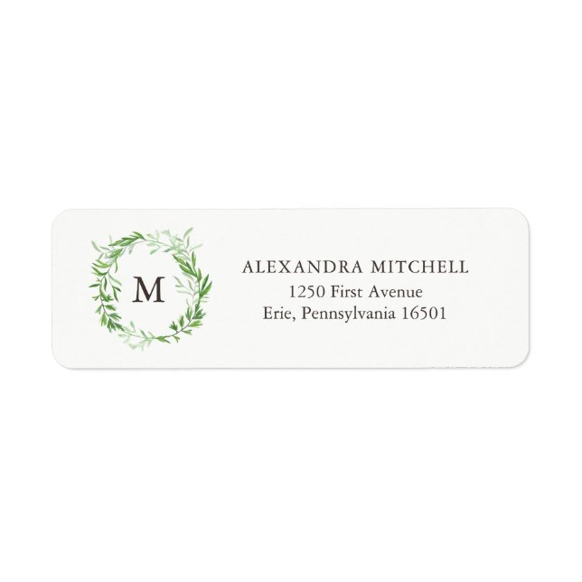 Étiquette Couronne Feuille végétale verte avec monogramme (Devant)