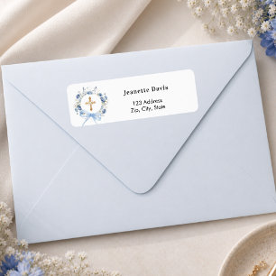 Étiquette Couronne florale bleue croix adresse de retour