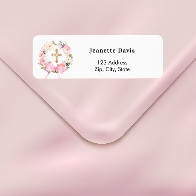 Étiquette Couronne florale rose croix adresse de retour  (Créateur téléchargé)