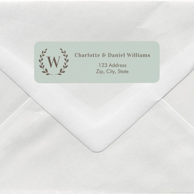 Étiquette Couronne initiale de monogramme vert sauge adresse (Créateur téléchargé)