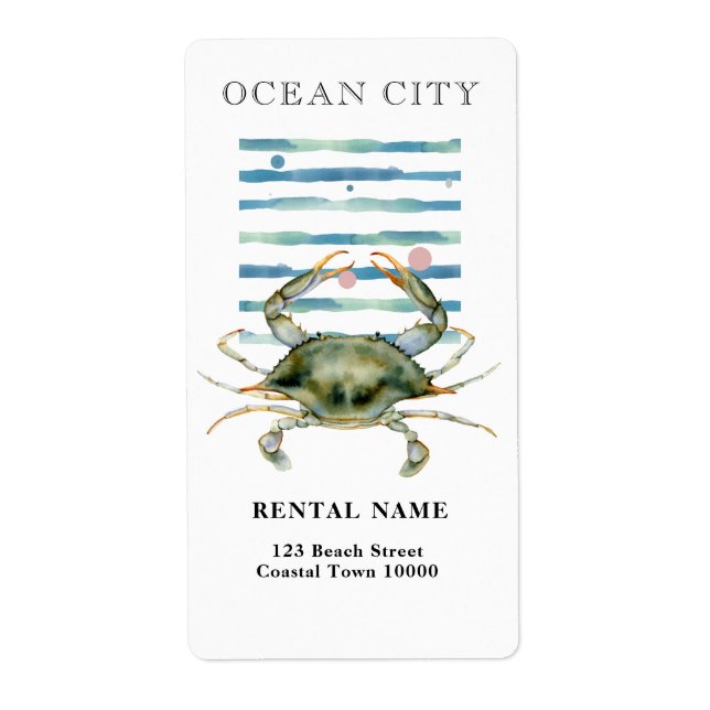 ÉTIQUETTE CRABE A L'AQUARELLE, VILLE BALNÉAIRE, VILLE OCÉANE (Devant)