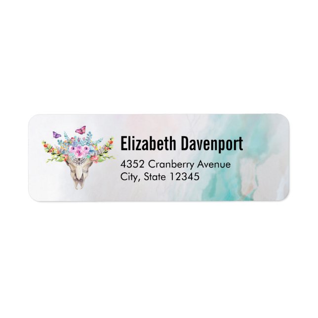 Étiquette Crâne animal Boho avec papillons et fleurs (Devant)