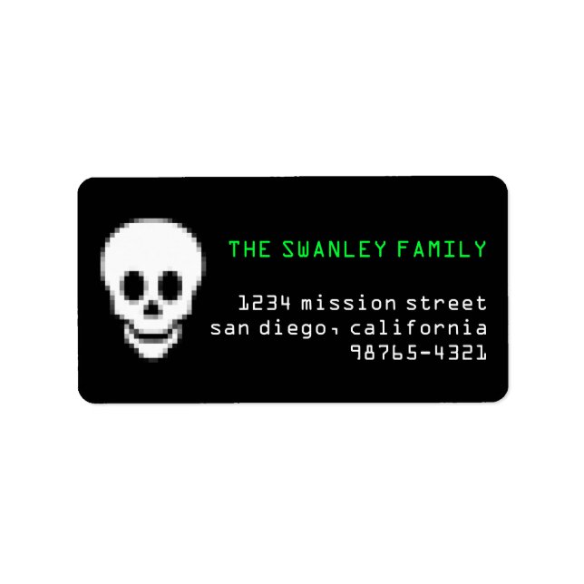 Étiquette Crâne de pixel de mort vert toxique adresse Hallow (Devant)
