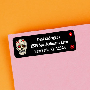 Étiquette Crâne de sucre Muertos noir cool avec fleurs