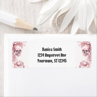 Étiquette Crâne et roses rose poussiéreux Halloween gothique