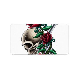 Étiquette Crâne occidental aux roses rouges et pistolet de r