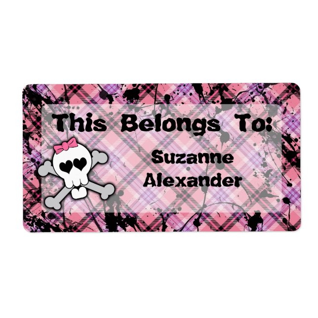 Étiquette Crâne rose et noir sur mesure avec Crossbones Livr (Devant)