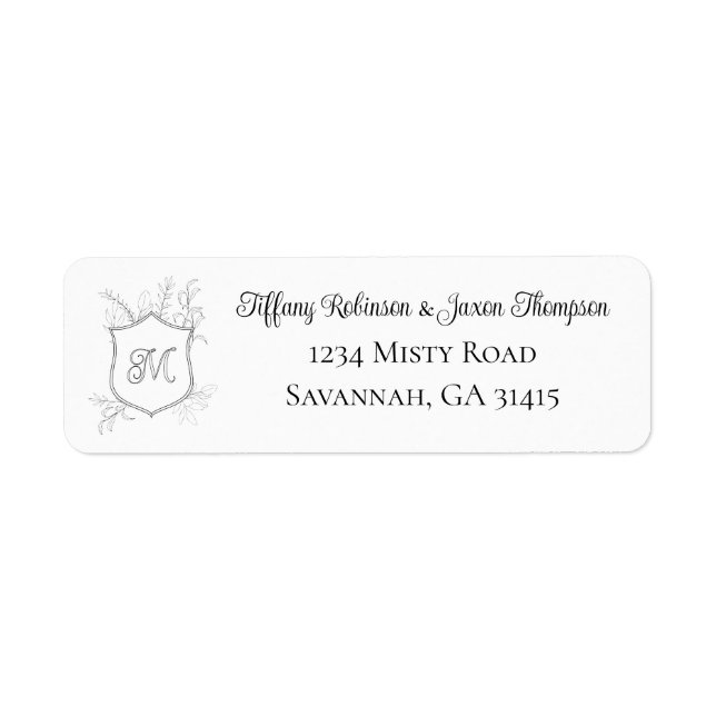 Étiquette Crest Monogram Foliage Black and White Address (Devant)