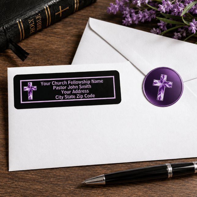 Étiquette Croix d'église violette noire moderne pour pasteur (Créateur téléchargé)