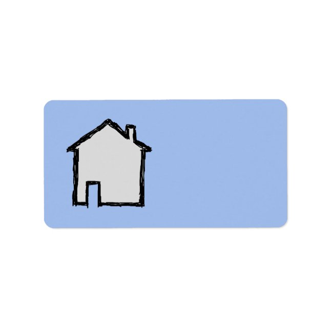 Étiquette Croquis de maison. Noir et bleu. (Devant)