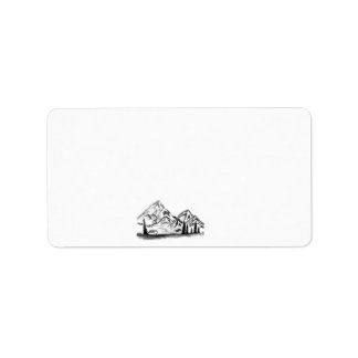 Étiquette croquis en noir et blanc de montagnes