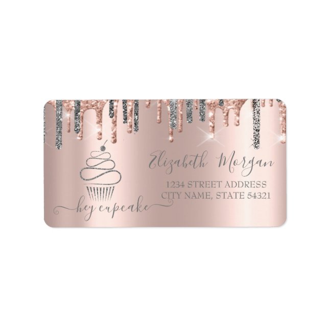 Étiquette Cupcake Rose Gold aux Gouttes de Glitter Argent Él (Devant)
