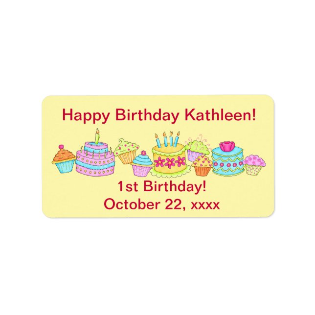 Étiquette Cupcakes Jaune /Cake Joyeux 1er anniversaire Perso (Devant)