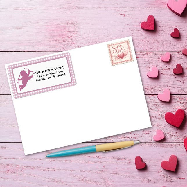 Étiquette Cupidon de la Saint-Valentin à carreaux rose et bl (Créateur téléchargé)