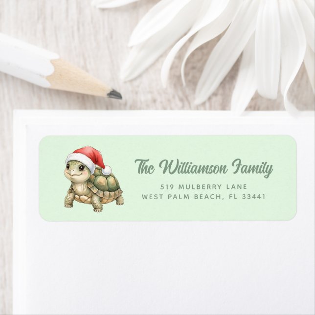 Étiquette Custom Watercolor Christmas Tortoise Santa Hat (En situation)