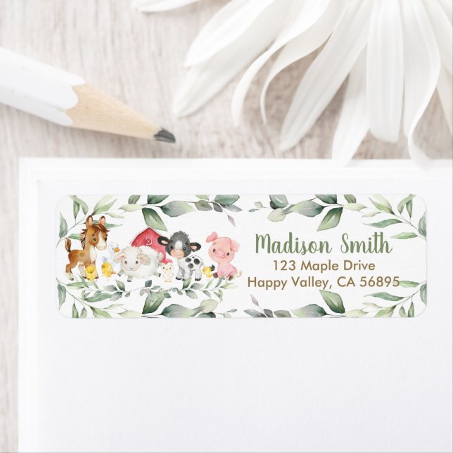Étiquette Cute Barnyard Farm Animals Green Return Adresse (En situation)