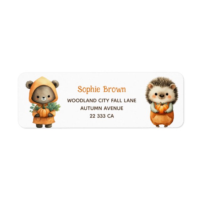 Étiquette Cute Bear& Hedgehog Woodland Fall Return Address  (Devant)
