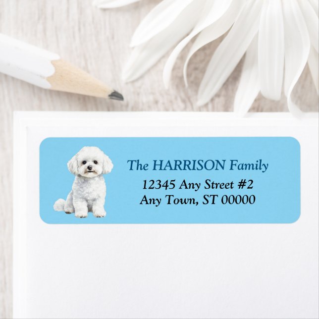 Étiquette Cute Bichon Frise Dog Blue Return Address (En situation)