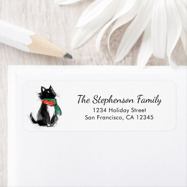 Étiquette Cute Black and White Cat Sketch Return Address (En situation)