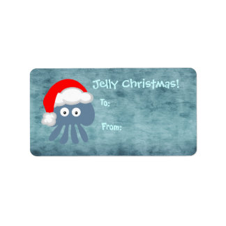 Étiquette Cute Blue Jelly Christmas Jellyfish Père Noël