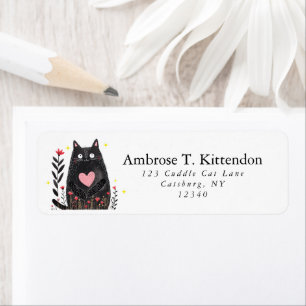 Étiquette Cute Boho Floral Aquarelle Noir Chat Art