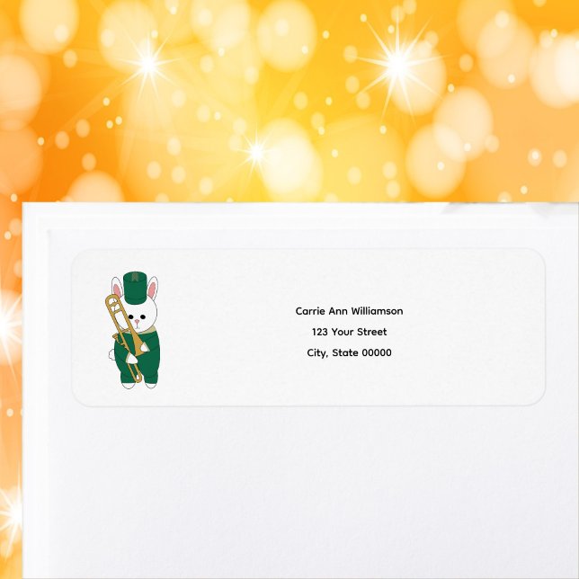 Étiquette Cute Bunny Trombone Green Personalize Return (An address label with a rabbit holding a trombone.)