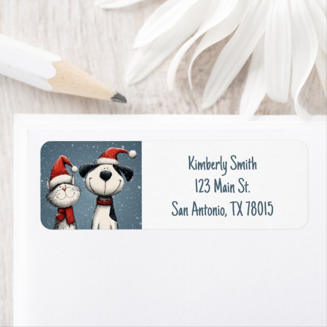 Étiquette Cute Cat and Dog Christmas Address (En situation)