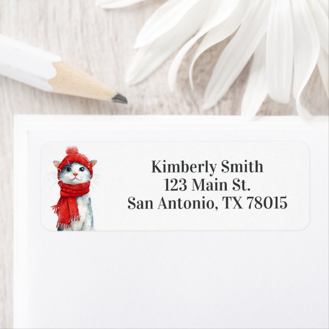 Étiquette Cute Cat Christmas Address (En situation)