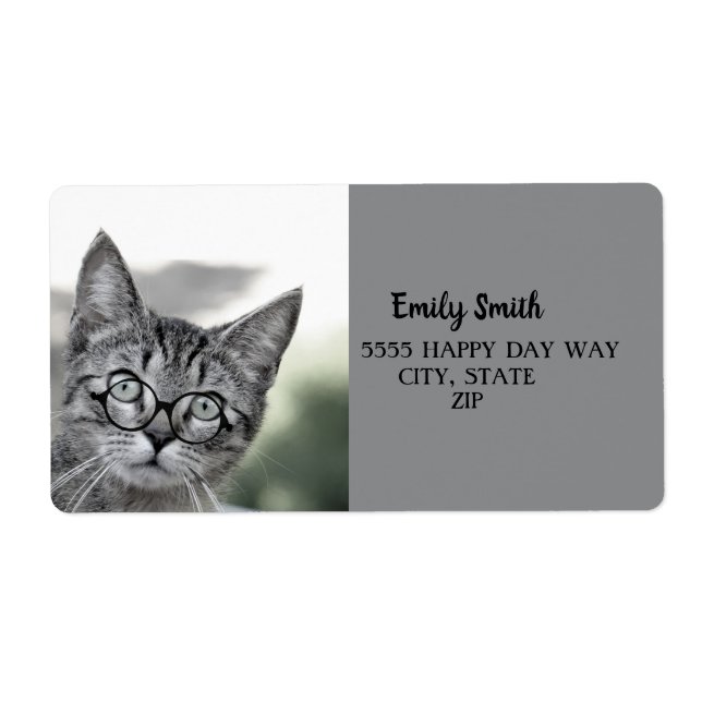 Étiquette Cute Cat with Glasses Gray Address Label (Devant)