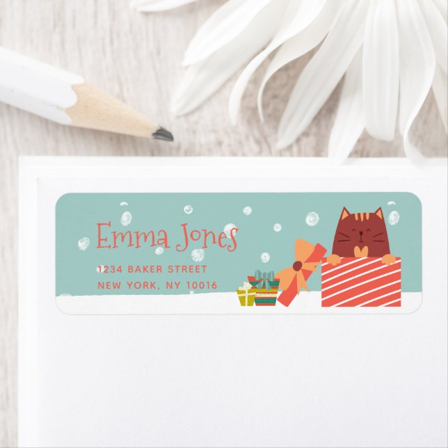 Étiquette Cute Chat w Christmas Présent Aqua Green Christmas (En situation)