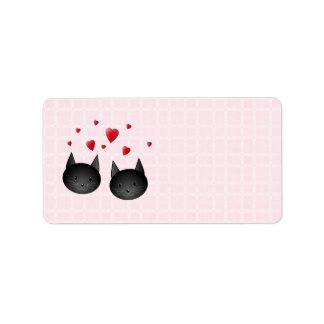 Étiquette Cute Chats Noirs avec Coeurs, sur rose pâle.