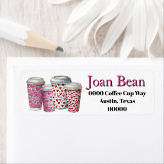 Étiquette Cute Coffee Cups with Hearts in Pink and Red