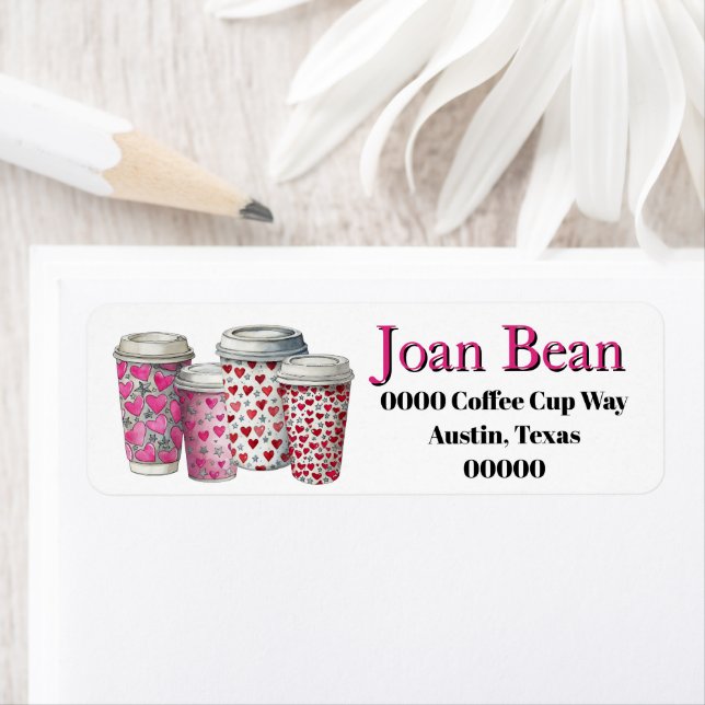 Étiquette Cute Coffee Cups with Hearts in Pink and Red (En situation)