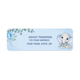 Étiquette Cute Elephant Baby shower Boy Blue Floral Adresse