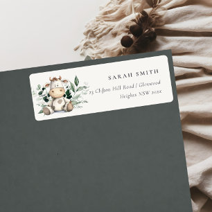 Étiquette Cute Farm Cow Foliage Pastel Neutral Anniversaire