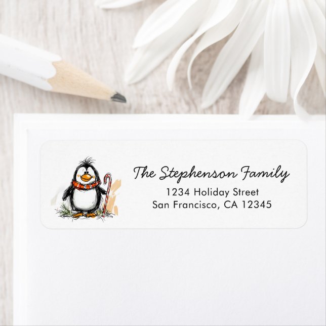 Étiquette Cute Festive Penguin Christmas Return Address (En situation)