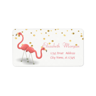 Étiquette Cute Flamingos, White,Faux Gold Foil Confetti