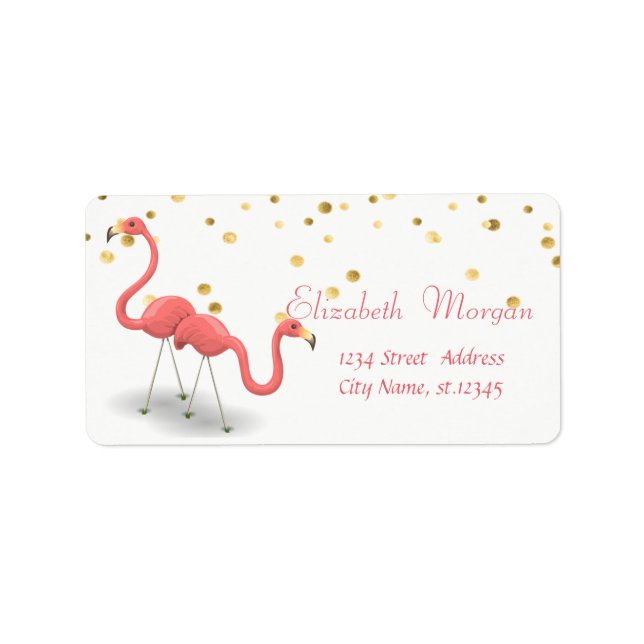 Étiquette Cute Flamingos, White,Faux Gold Foil Confetti (Devant)