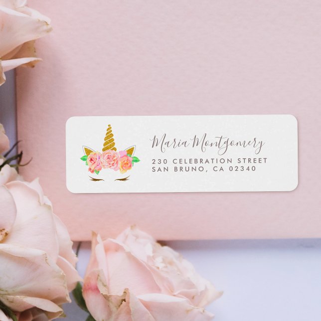 Étiquette Cute Floral Gold Parties scintillant Unicorne et n (Return Address Label Mock-up)