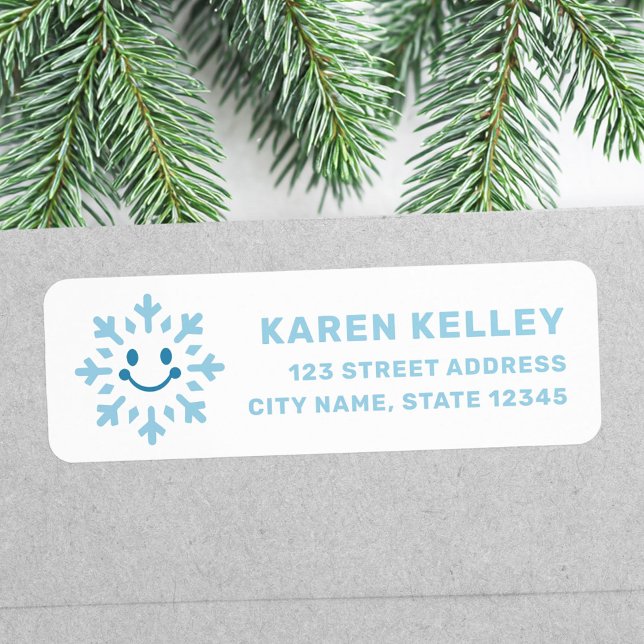 Étiquette Cute happy snowflake blue white return address (Cute happy snowflake blue white return address label)
