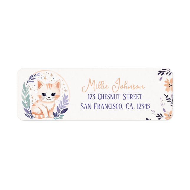 Étiquette Cute Kitten Boho Floral Design - Adresse de retour (Devant)